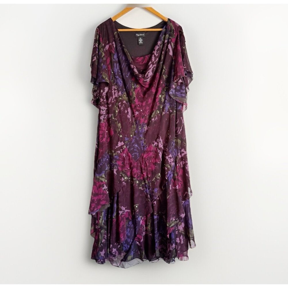 Maggie Barnes Purple Dark Floral Sequin Chiffon Dress 34W Cowl Neck Glam Evening